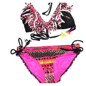 NWT Raisins Tribal Print Fringe Bikini Lg